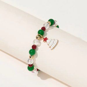 Beaded Christmas Stretch Bracelet Gold Tree Charm
